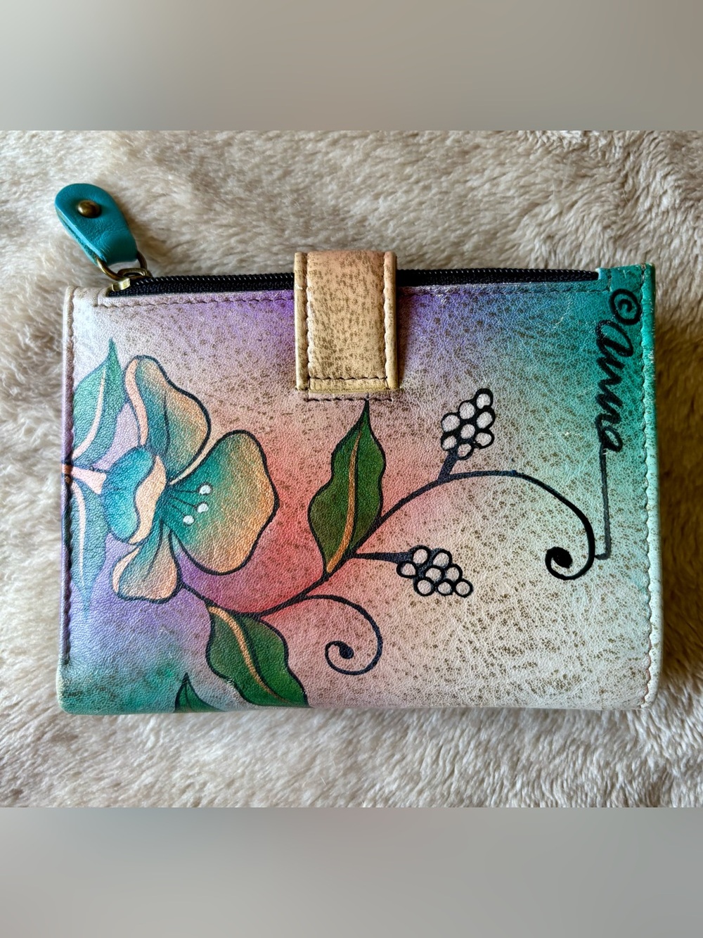 ANNA by ANUSCHKA Handpainted Leather Hibiscus Butterfly Wallet Bifold - Picture 2 of 5